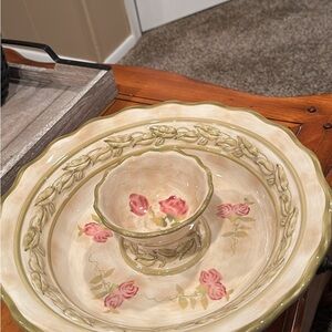 222 Fifth Cream and Green Floral Chip and Dip Set